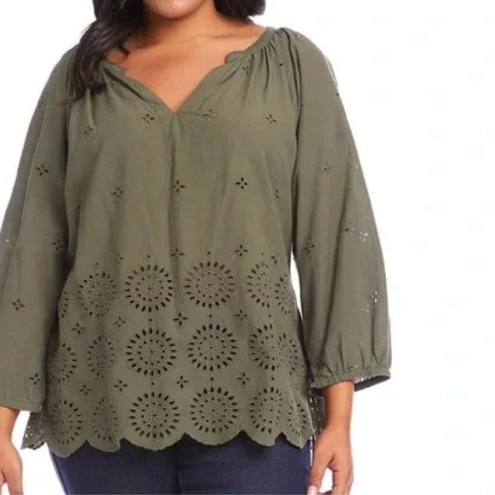 Karen Kane Garden Party Olive Green Eyelet Peasant Blouse